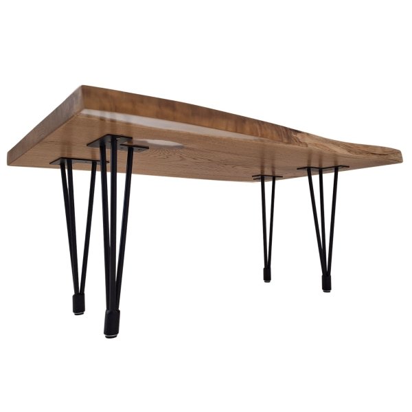 Table basse design en chêne massif et résine transparente