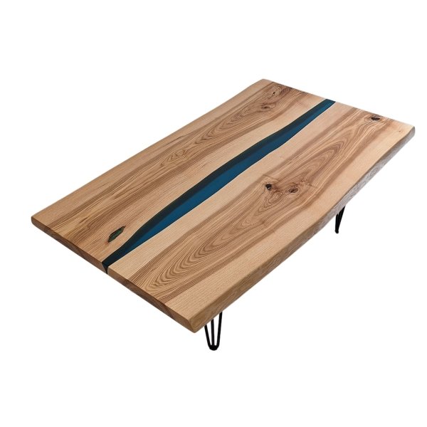 Table basse rivière en frêne et résine turquoise