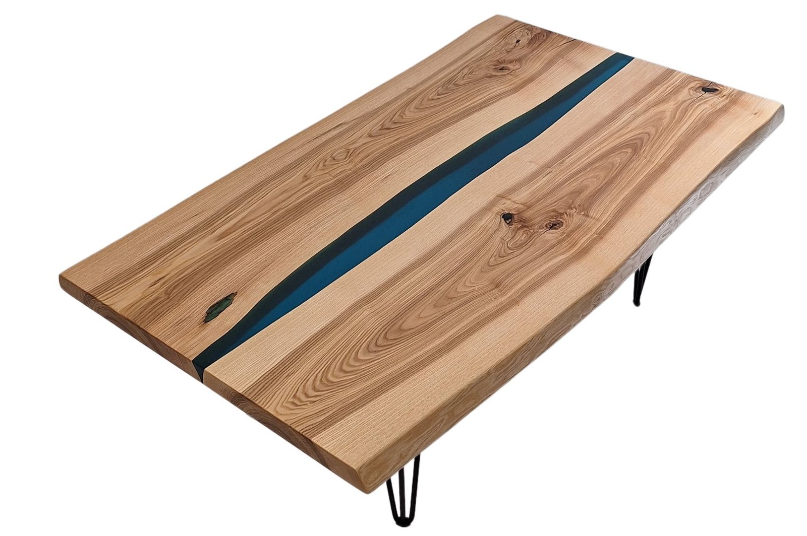 Table basse rivière en frêne et résine turquoise