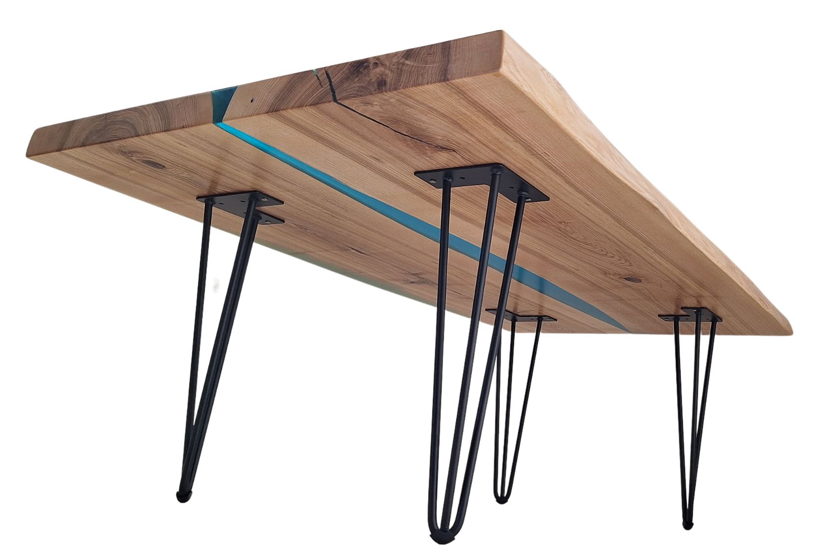 FK6 23 Table basse rivière en frêne et résine turquoise