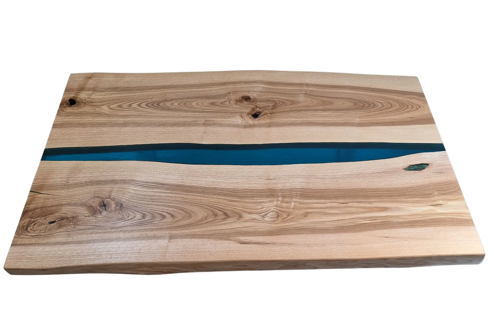 Table basse rivière en frêne et résine turquoise