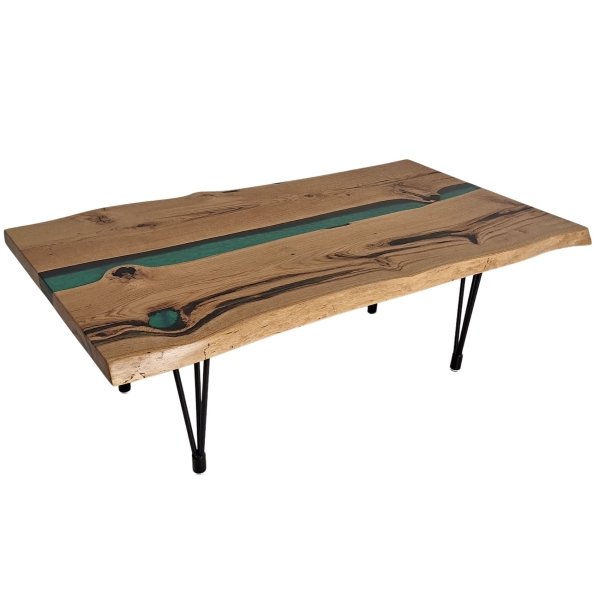 Table basse rivière en chêne massif et résine verte