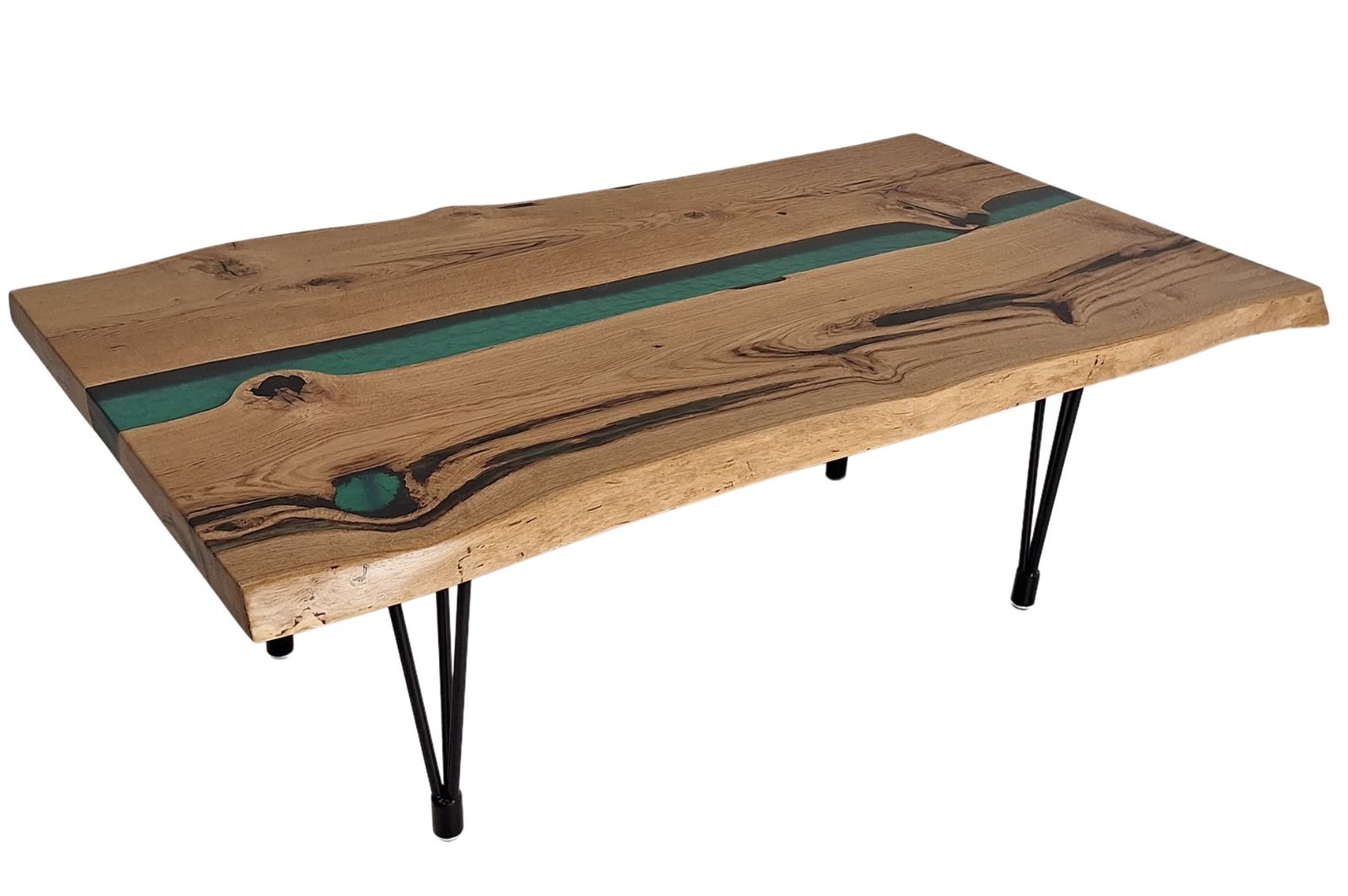 Table basse rivière en chêne massif et résine verte