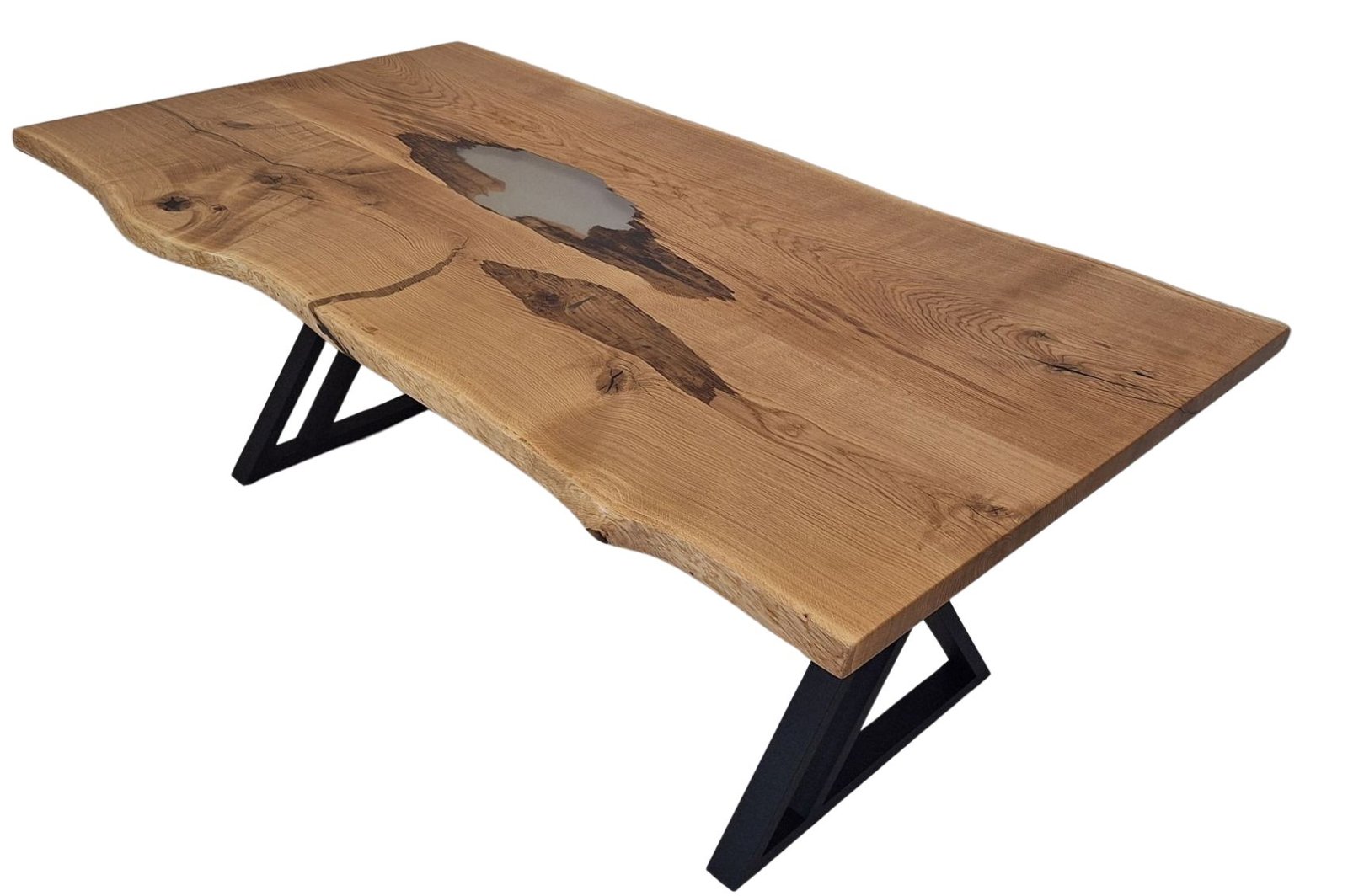 Table en chêne massif avec lac de résine – Reconstruction naturelle et élégance Exemplaire