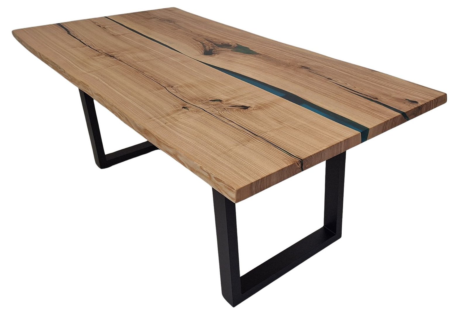 Table rivière en frêne massif et résine turquoise – Édition artisanale Exemplaire